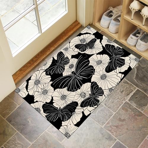 JEDTAKCT Schwarz Weiß Waschbarer Teppich Abstrakte Blumen Muster 60X90Cm Vintage Blumen Eingangsbereich Modern Fußmatte Badezimmerteppich Weich rutschfest Kleiner Kurzflor Bad Schlafzimmer von JEDTAKCT