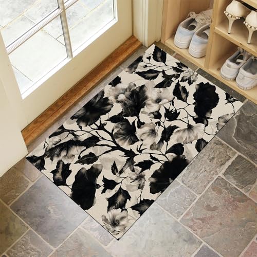 JEDTAKCT Schwarz Weiß Waschbarer Teppich Handgemalte Blumen Muster 40X60Cm Gotische Pflanzen Eingangsbereich Modern Fußmatte Badezimmerteppich Weich rutschfest Kleiner Kurzflor Bad Schlafzimmer von JEDTAKCT