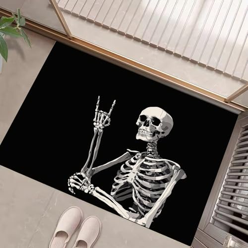 JEDTAKCT Schwarz Weiß Waschbarer Teppich Rockschädel Muster 50X80Cm Illustration Im Anime-Stil Eingangsbereich Modern Fußmatte Badezimmerteppich Weich rutschfest Kleiner Kurzflor Bad Schlafzimmer von JEDTAKCT