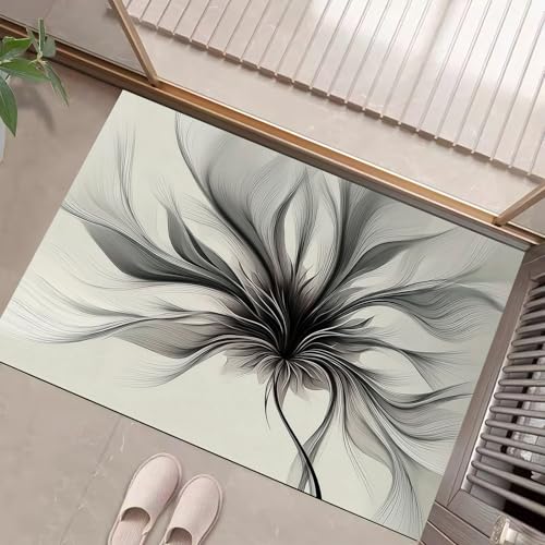 JEDTAKCT Schwarz Weiß Waschbarer Teppich Tintenblumen Muster 50X80Cm Abstrakte Pflanzen Eingangsbereich Modern Fußmatte Badezimmerteppich Weich rutschfest Kleiner Kurzflor Bad Schlafzimmer von JEDTAKCT