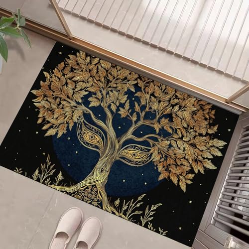 JEDTAKCT Schwarzes Gold Waschbarer Teppich Lebensbaum Muster 50X80Cm Geheimnisvoller Sternenhimmel Eingangsbereich Modern Fußmatte Badezimmerteppich Weich rutschfest Kleiner Kurzflor Bad Schlafzimmer von JEDTAKCT