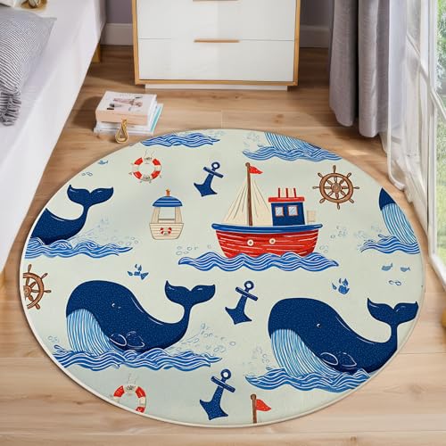 JEDTAKCT Seewal Segelboot Teppich, Waschbar 100 cm Runder Teppich Für Schlafzimmer, Seetiere Kinderteppich, Rutschfester Kreis Weicher Hellblau Für Schlafsaal Kinderzimmer Sofa von JEDTAKCT