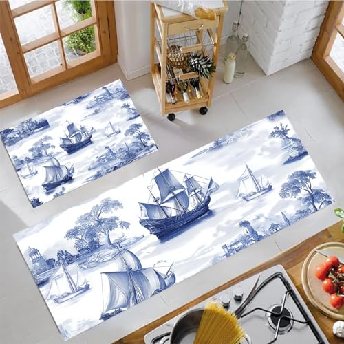 JEDTAKCT Segeln Segelboot Küchenteppich Sets 2 Stück Flur Läufer Nordische Architektur Muster Teppichläufer Indigo Küchenläufer Teppiche rutschfest Waschbar Für Bettvorleger 43X75Cm+43X150Cm JEDTAKCT Segeln Segelboot Küchenteppich Sets 2 Stück Flur Läufer Nordische Architektur Muster Teppichläufer Indigo Küchenläufer Teppiche rutschfest Waschbar Für Bettvorleger 43X75Cm+43X150Cm von JEDTAKCT