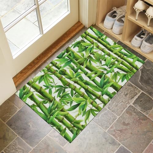 JEDTAKCT Smaragdgrün Waschbarer Teppich Bambuswald Muster 60X90Cm Botanisches Ölgemälde Eingangsbereich Modern Fußmatte Badezimmerteppich Weich rutschfest Kleiner Kurzflor Bad Schlafzimmer von JEDTAKCT