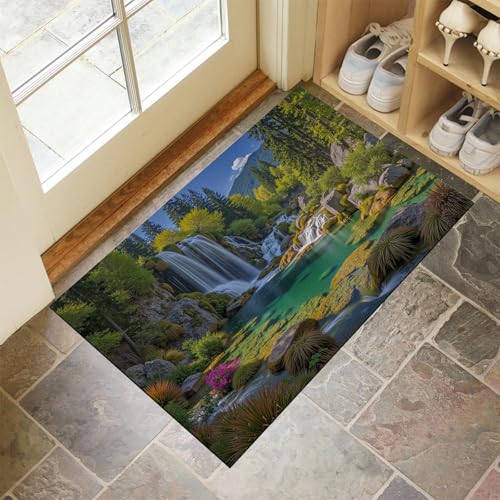 JEDTAKCT Smaragdgrün Waschbarer Teppich Wasserfallsee Muster 60X90Cm Waldlandschaft Eingangsbereich Modern Fußmatte Badezimmerteppich Weich rutschfest Kleiner Kurzflor Bad Schlafzimmer von JEDTAKCT