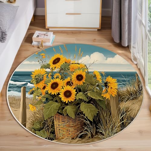 JEDTAKCT Sonnenblumenstrand Teppich, Waschbar 100 cm Runder Teppich Für Schlafzimmer, Wellenblick Kinderteppich, Rutschfester Kreis Weicher Braun Für Schlafsaal Kinderzimmer Sofa von JEDTAKCT