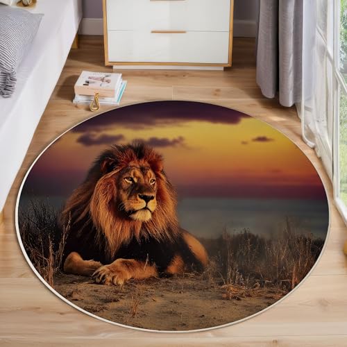 JEDTAKCT Sonnenuntergangslöwe Teppich, Waschbar 200 cm Runder Teppich Für Schlafzimmer, Graslandtier Kinderteppich, Rutschfester Kreis Weicher Braun Für Schlafsaal Kinderzimmer Sofa JEDTAKCT Sonnenuntergangslöwe Teppich, Waschbar 200 cm Runder Teppich Für Schlafzimmer, Graslandtier Kinderteppich, Rutschfester Kreis Weicher Braun Für Schlafsaal Kinderzimmer Sofa von JEDTAKCT