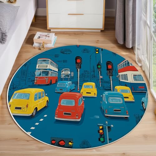 JEDTAKCT Stadtbus Teppich, Waschbar 200 cm Runder Teppich Für Schlafzimmer, Illustration Im Anime-Stil Kinderteppich, Rutschfester Kreis Weicher Dunkelblau Für Schlafsaal Kinderzimmer Sofa von JEDTAKCT