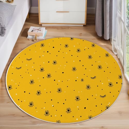 JEDTAKCT Sternenhimmel Mit Punkten Teppich Rund 200 cm rutschfest Teppiche Wohnzimmer, Süße Illustration Waschbar Teppiche Kurzflor Weich Runder Teppich Senfgelb for Schlafzimmer Studie Heimbüro von JEDTAKCT