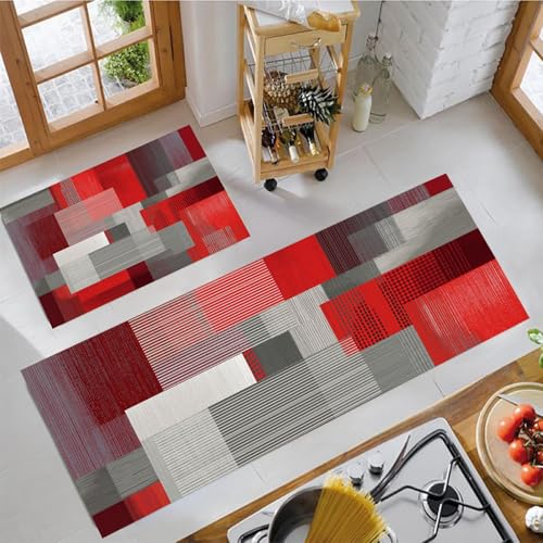 JEDTAKCT Streifen Graffiti Küchenmatten 2Er Set, 40X60Cm+40X120Cm Küchenteppich Waschbar rutschfest, Küchenteppiche, Rot Grau Küchenläufer Für Badezimmer Zuhause Büro (Abstrakt Geometrisch) von JEDTAKCT