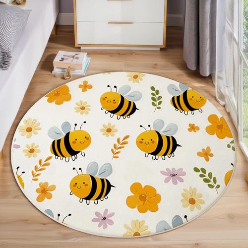 JEDTAKCT Süße Biene Teppich Rund 100 cm rutschfest Teppiche Wohnzimmer, Cartoon Floral Waschbar Teppiche Kurzflor Weich Runder Teppich Senfgelb for Schlafzimmer Studie Heimbüro von JEDTAKCT