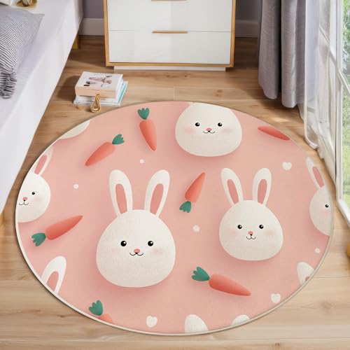 JEDTAKCT Süße Kaninchenkarotte Teppich, Waschbar 100 cm Runder Teppich Für Schlafzimmer, Lustige Tiere Kinderteppich, Rutschfester Kreis Weicher Hellrosa Für Schlafsaal Kinderzimmer Sofa JEDTAKCT Süße Kaninchenkarotte Teppich, Waschbar 100 cm Runder Teppich Für Schlafzimmer, Lustige Tiere Kinderteppich, Rutschfester Kreis Weicher Hellrosa Für Schlafsaal Kinderzimmer Sofa von JEDTAKCT