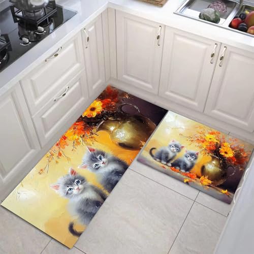 JEDTAKCT Süße Katze Absorptionsfähigkeit Hause Deko Küchenteppich 2Er Set, Waschbar Vase Ölgemälde Dekoration Küchenmatten Für Innen Außen Gebranntes Orange Dekor - 44X75Cm+44X120Cm von JEDTAKCT