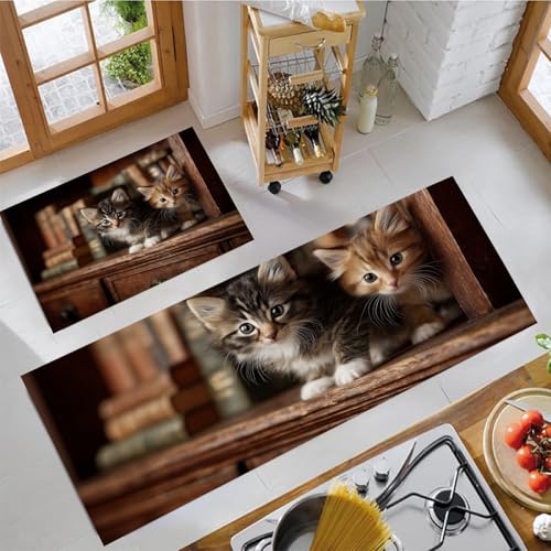 JEDTAKCT Süße Katze Küchenteppich Sets 2 Stück Flur Läufer Vintage Bücherregal Muster Teppichläufer Tan Küchenläufer Teppiche rutschfest Waschbar Für Bettvorleger 50X80Cm+50X150Cm von JEDTAKCT