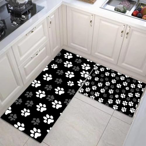 JEDTAKCT Süße Katzenpfote Küchenmatten 2Er Set, 50X80Cm+50X150Cm Küchenteppich Waschbar rutschfest, Küchenteppiche, Grau Weiß Küchenläufer Für Badezimmer Zuhause Büro (Einfaches Tier) von JEDTAKCT