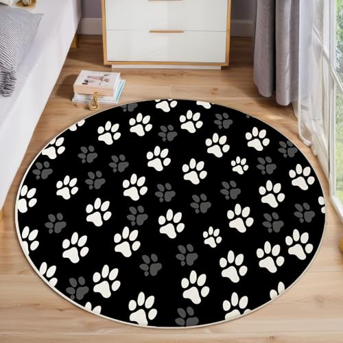 JEDTAKCT Süße Katzenpfote Teppich, Waschbar 200 cm Runder Teppich Für Schlafzimmer, Tiermotiv Kinderteppich, Rutschfester Kreis Weicher Schwarz Für Schlafsaal Kinderzimmer Sofa von JEDTAKCT