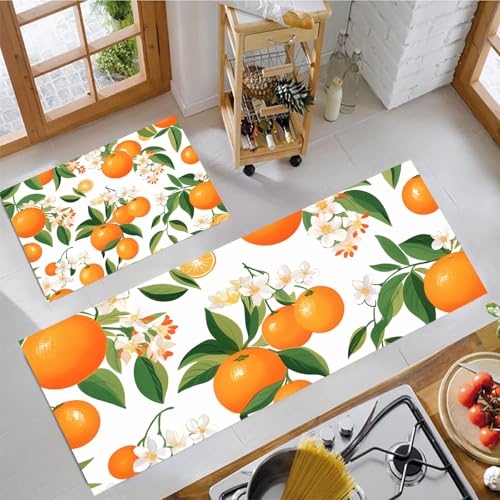 JEDTAKCT Süße Orange Küchenmatten 2Er Set, 43X75Cm+43X150Cm Küchenteppich Waschbar rutschfest, Küchenteppiche, Orange Küchenläufer Für Badezimmer Zuhause Büro (80Er-Jahre-Frucht Poster) von JEDTAKCT