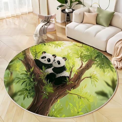 JEDTAKCT Süßer Panda Teppich Rund 60 cm Kurzflor, Waschbare Teppiche Wohnzimmer Tierwald, Runder Teppich 60 cm Durchmesser Smaragdgrün, Bettvorleger Schlafzimmer rutschfest Weich von JEDTAKCT