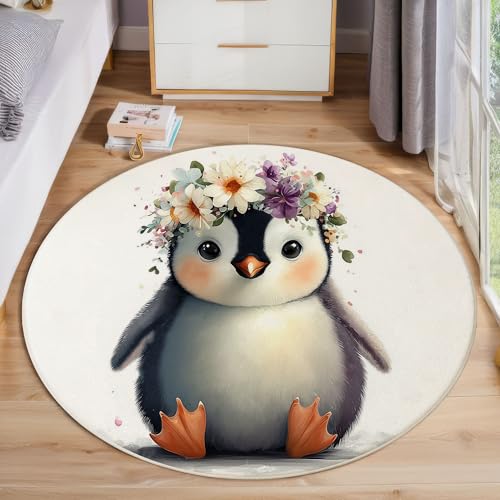 JEDTAKCT Süßer Pinguin Teppich Rund 200 cm rutschfest Teppiche Wohnzimmer, Tierkranz Waschbar Teppiche Kurzflor Weich Runder Teppich Schwarz Weiß for Schlafzimmer Studie Heimbüro von JEDTAKCT