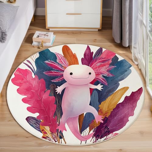 JEDTAKCT Süßer Salamander Teppich, Waschbar 120 cm Runder Teppich Für Schlafzimmer, Aquarellblätter Kinderteppich, Rutschfester Kreis Weicher Rosa Und Lila Für Schlafsaal Kinderzimmer Sofa von JEDTAKCT