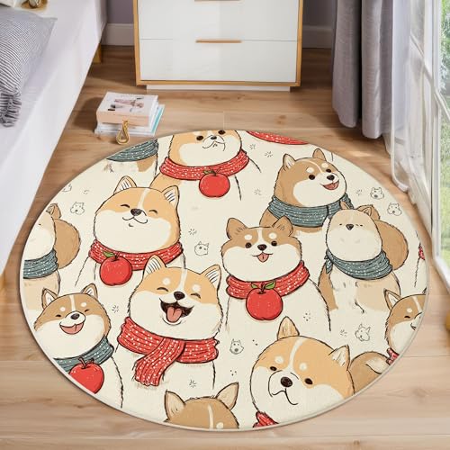 JEDTAKCT Süßer Shiba Inu Teppich, Waschbar 100 cm Runder Teppich Für Schlafzimmer, Japanisches Tier Kinderteppich, Rutschfester Kreis Weicher Beige Für Schlafsaal Kinderzimmer Sofa von JEDTAKCT