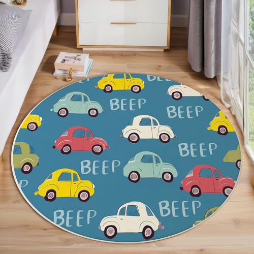 JEDTAKCT Süßes Auto Teppich, Waschbar 160 cm Runder Teppich Für Schlafzimmer, Lustige Illustration Kinderteppich, Rutschfester Kreis Weicher Dunkelblau Für Schlafsaal Kinderzimmer Sofa von JEDTAKCT