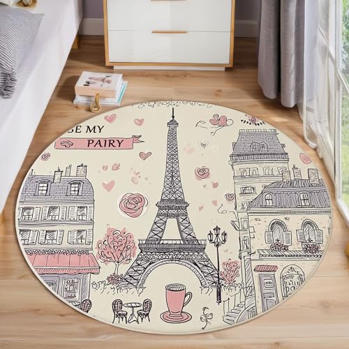 JEDTAKCT Süßes Café Eiffelturm Teppich, Waschbar 60 cm Runder Teppich Für Schlafzimmer, Handgezeichnetes Paris Kinderteppich, Rutschfester Kreis Weicher Beige Für Schlafsaal Kinderzimmer Sofa von JEDTAKCT