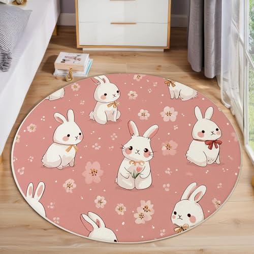 JEDTAKCT Süßes Kaninchen Teppich, Waschbar 60 cm Runder Teppich Für Schlafzimmer, Tierwald Kinderteppich, Rutschfester Kreis Weicher Rougepuder Für Schlafsaal Kinderzimmer Sofa von JEDTAKCT