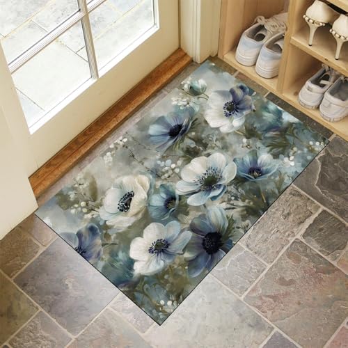 JEDTAKCT Teal Waschbarer Teppich 3D Mohnblüten Ölgemälde Muster 40X60Cm Pflanzen Graffiti Eingangsbereich Modern Fußmatte Badezimmerteppich Weich rutschfest Kleiner Kurzflor Bad Schlafzimmer von JEDTAKCT