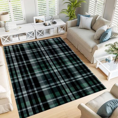 JEDTAKCT Teppich Wohnzimmer 180X270Cm, Schwarz Grün Countryside Scottish Tartan Simple Retro Design, Kurzflor Pflegeleicht Schlafzimmerteppich – Waschbar rutschfest Teppiche Für Küche, Esszimmer von JEDTAKCT