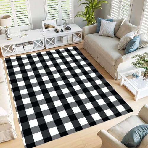 JEDTAKCT Teppich Wohnzimmer 180X270Cm, Schwarz Weiß Country Buffalo Plaid Klassisch Geometrisch Design, Kurzflor Pflegeleicht Schlafzimmerteppich – Waschbar rutschfest Teppiche Für Küche, Esszimmer von JEDTAKCT