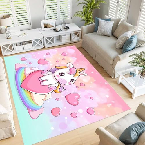 JEDTAKCT Teppich Wohnzimmer Waschbarer, Cartoon Einhorn Teppiche Schlafzimmer, Schönes Tierposter Kurzflor Teppich – Teppiche Weich rutschfest, Design Für Esszimmer Dekor Rougepuder 80X150Cm von JEDTAKCT