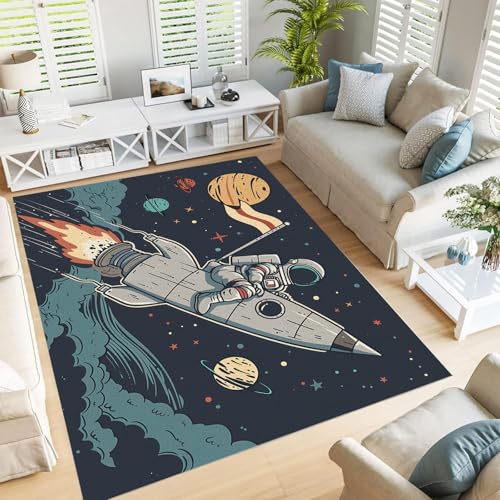 JEDTAKCT Teppich Wohnzimmer Waschbarer Outdoor Astronautenrakete Teppich 180X240Cm Abstrakter Weltraum Modern Balkon Teppich Schlafzimmer Teppich Weich Teppich rutschfest Camping Matte von JEDTAKCT