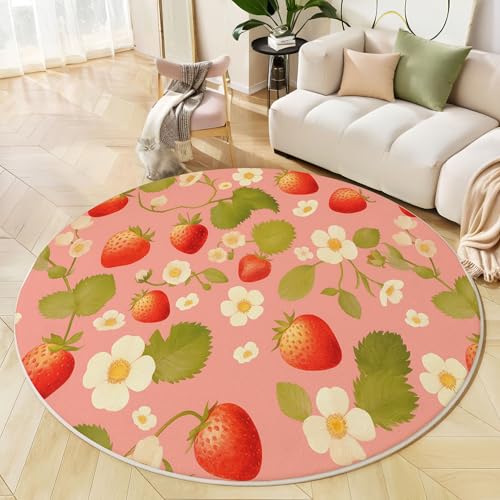 JEDTAKCT Teppiche Für Wohnzimmer Rund, Erdbeerblumen Druck, Blush Pink Teppich Schlafzimmer Süße Pflanzen Weich rutschfest Fußmatte Waschbar Für Kinderzimmer, Durchmesser 60 cm von JEDTAKCT