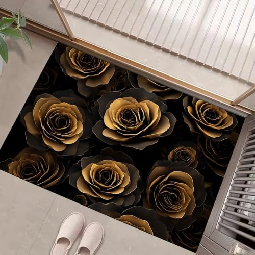 JEDTAKCT Teppiche Mit 3D Metallrose, Retro Pflanze Teppich Weiche, Bronze rutschfeste Fußmatte Waschbarer Teppich Für Eingang Badezimmer Treppe Spielzimmer Fußmatte, 90X150Cm von JEDTAKCT