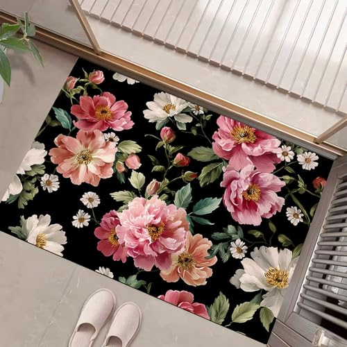 JEDTAKCT Teppiche Mit 3D Pfingstrosen Ölgemälde, Vintage Blumen Teppich Weiche, Schwarz rutschfeste Fußmatte Waschbarer Teppich Für Eingang Badezimmer Treppe Spielzimmer Fußmatte, 80X120Cm JEDTAKCT Teppiche Mit 3D Pfingstrosen Ölgemälde, Vintage Blumen Teppich Weiche, Schwarz rutschfeste Fußmatte Waschbarer Teppich Für Eingang Badezimmer Treppe Spielzimmer Fußmatte, 80X120Cm von JEDTAKCT