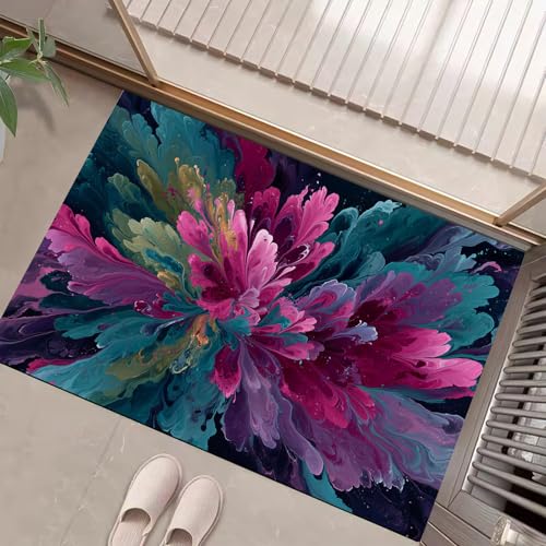 JEDTAKCT Teppiche Mit Abstrakte Dahlie, Spritztinten-Ölgemälde Teppich Weiche, Türkis rutschfeste Fußmatte Waschbarer Teppich Für Eingang Badezimmer Treppe Spielzimmer Fußmatte, 40X60Cm von JEDTAKCT