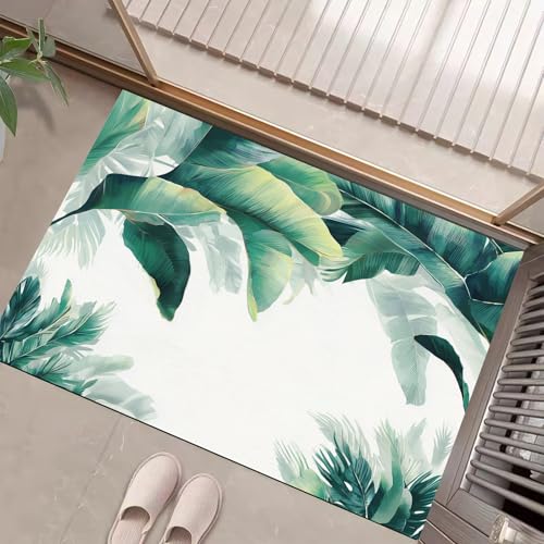 JEDTAKCT Teppiche Mit Aquarell Bananenblätter, Natürliche Pflanzen Teppich Weiche, Dunkelgrün rutschfeste Fußmatte Waschbarer Teppich Für Eingang Badezimmer Treppe Spielzimmer Fußmatte, 60X90Cm von JEDTAKCT