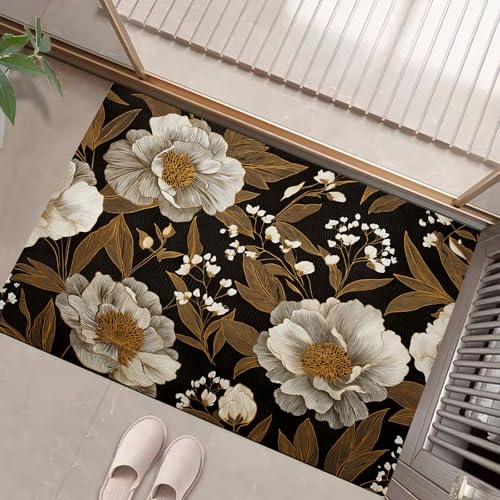 JEDTAKCT Teppiche Mit Edle Blumenstickerei, Retro-Pflanzen Teppich Weiche, Schwarzes Gold rutschfeste Fußmatte Waschbarer Teppich Für Eingang Badezimmer Treppe Spielzimmer Fußmatte, 60X90Cm JEDTAKCT Teppiche Mit Edle Blumenstickerei, Retro-Pflanzen Teppich Weiche, Schwarzes Gold rutschfeste Fußmatte Waschbarer Teppich Für Eingang Badezimmer Treppe Spielzimmer Fußmatte, 60X90Cm von JEDTAKCT
