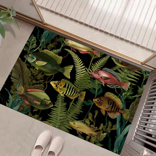 JEDTAKCT Teppiche Mit Farne Tropischer Regen, Vintage Pflanzen Teppich Weiche, Smaragdgrün rutschfeste Fußmatte Waschbarer Teppich Für Eingang Badezimmer Treppe Spielzimmer Fußmatte, 60X90Cm von JEDTAKCT