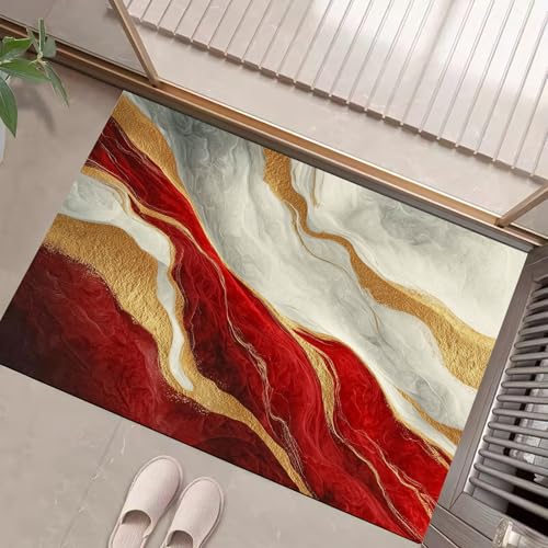 JEDTAKCT Teppiche Mit Goldfolientextur, Abstrakter Marmor Teppich Weiche, Rot Weiß rutschfeste Fußmatte Waschbarer Teppich Für Eingang Badezimmer Treppe Spielzimmer Fußmatte, 60X90Cm von JEDTAKCT