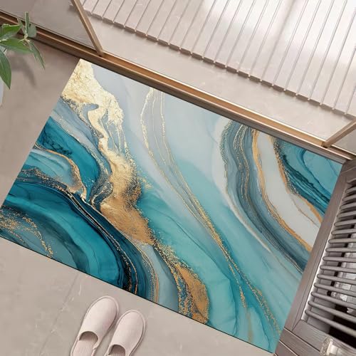 JEDTAKCT Teppiche Mit Goldfolienwellen, Abstrakter Marmor Teppich Weiche, Türkis rutschfeste Fußmatte Waschbarer Teppich Für Eingang Badezimmer Treppe Spielzimmer Fußmatte, 50X80Cm von JEDTAKCT