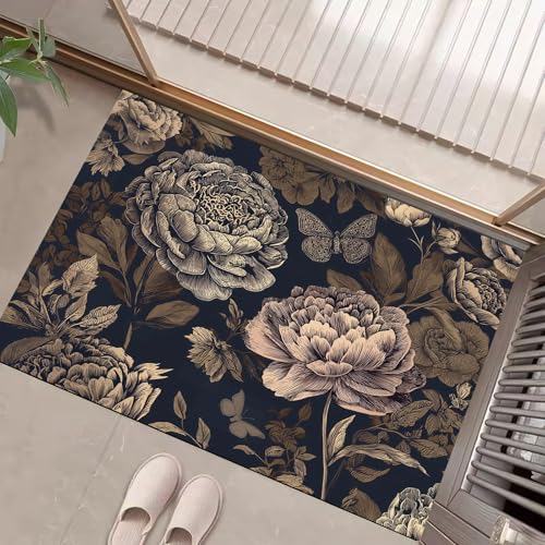 JEDTAKCT Teppiche Mit Gothic Pfingstrose, Vintage Schmetterling Teppich Weiche, Rostbraun rutschfeste Fußmatte Waschbarer Teppich Für Eingang Badezimmer Treppe Spielzimmer Fußmatte, 40X60Cm von JEDTAKCT