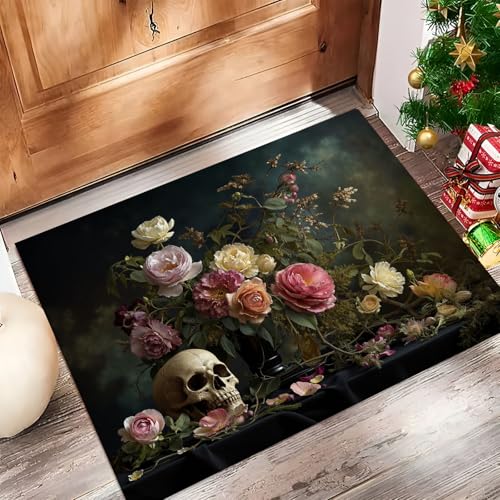 JEDTAKCT Teppiche Mit Gothic Totenkopf, Klassische Blumen Teppich Weiche, Dunkelgrün rutschfeste Fußmatte Waschbarer Teppich Für Eingang Badezimmer Treppe Spielzimmer Fußmatte, 40X60Cm JEDTAKCT Teppiche Mit Gothic Totenkopf, Klassische Blumen Teppich Weiche, Dunkelgrün rutschfeste Fußmatte Waschbarer Teppich Für Eingang Badezimmer Treppe Spielzimmer Fußmatte, 40X60Cm von JEDTAKCT