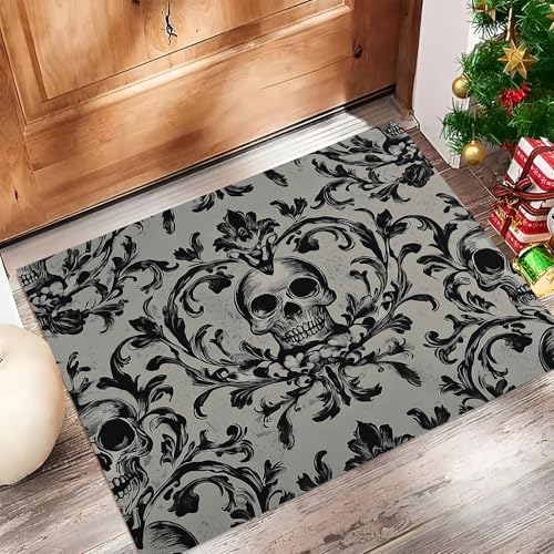 JEDTAKCT Teppiche Mit Gothic Totenkopf Damast, Halloween Kunst Teppich Weiche, Dunkelgrau rutschfeste Fußmatte Waschbarer Teppich Für Eingang Badezimmer Treppe Spielzimmer Fußmatte, 40X60Cm von JEDTAKCT
