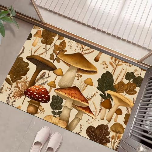 JEDTAKCT Teppiche Mit Herbstpilze, Vintage Pflanzen Teppich Weiche, Beige rutschfeste Fußmatte Waschbarer Teppich Für Eingang Badezimmer Treppe Spielzimmer Fußmatte, 90X150Cm von JEDTAKCT