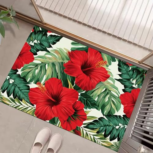 JEDTAKCT Teppiche Mit Hibiskusblüten Palmblätter, Tropische Pflanzen Teppich Weiche, Smaragdgrün rutschfeste Fußmatte Waschbarer Teppich Für Eingang Badezimmer Treppe Spielzimmer Fußmatte, 80X120Cm von JEDTAKCT