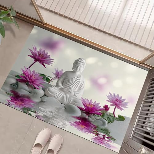 JEDTAKCT Teppiche Mit Lotusstatue, Zen-Landschaft Teppich Weiche, Grau Weiß rutschfeste Fußmatte Waschbarer Teppich Für Eingang Badezimmer Treppe Spielzimmer Fußmatte, 80X120Cm von JEDTAKCT
