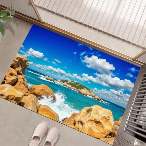 JEDTAKCT Teppiche Mit Ozeanwellen Felsen, Hawaiianische Landschaft Teppich Weiche, Türkis rutschfeste Fußmatte Waschbarer Teppich Für Eingang Badezimmer Treppe Spielzimmer Fußmatte, 60X90Cm JEDTAKCT Teppiche Mit Ozeanwellen Felsen, Hawaiianische Landschaft Teppich Weiche, Türkis rutschfeste Fußmatte Waschbarer Teppich Für Eingang Badezimmer Treppe Spielzimmer Fußmatte, 60X90Cm von JEDTAKCT