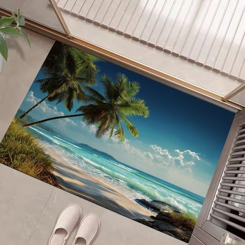 JEDTAKCT Teppiche Mit Palmenstrand, Meereswellen Teppich Weiche, Türkis rutschfeste Fußmatte Waschbarer Teppich Für Eingang Badezimmer Treppe Spielzimmer Fußmatte, 40X60Cm von JEDTAKCT